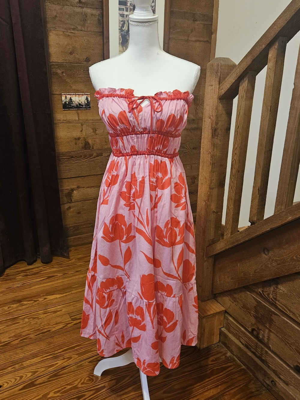 Smocked Strapless Pink Dress with Red Floral Print - Picture 3 of 9